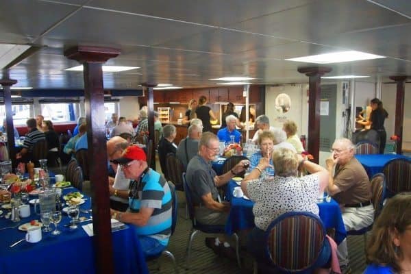 The small ship's dining hall where meals are served family style and meals are BYOB.