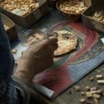 A mosaic artist captures, in thousands of tiny pieces of colorful stone, a Madonna with child at the Barsanti Art Center in Pietrasanta. Photos by John Keahey