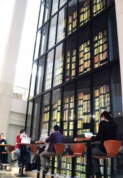 Among the British Library's huge collection is the four-storey glass tower containing the King's Library with 65,000 printed volumes, manuscripts and maps collected by King George III between 1763 and 1820. photo by FJ Napoleone.