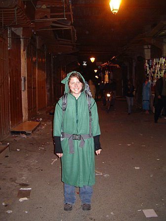 Rachel in Morocco, wearing a jallabiya.
