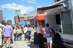Food trucks lined up outside the Sunday Providence Flea Market.