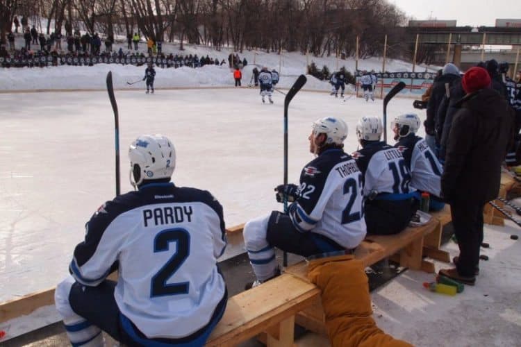 Winnipeg Jets players had a scrimmage on a Sunday afternoon on the frozen river in Winnipeg, Manitoba. 