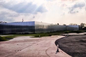 The shiny metal exterior of the huge Louvre-Lens museum in Northern France.