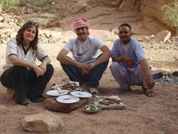 Dining in the Sinai with the two guides and Hilary Munro.