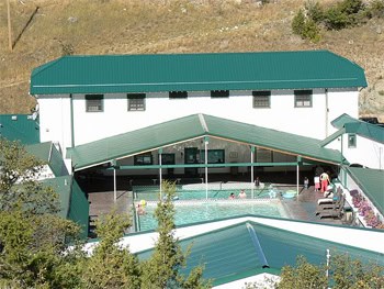 The poolhouse at Chico Hot Springs, as seen from one of the cottages up on the bluff. photo by Max Hartshorne.