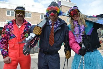 Clowning Around at Park City, Utah 7 Visitors take note skiing the Wasatch Mountains on Clown Day. Skiers descend the slopes dressed to impress in grass skirts, striped neckties and red sponge noses. Sonja Stark photos.