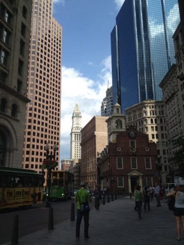 The oldest public building in Boston, the Old State House, is dwarfed by skyscrapers. Photos by Sarah Robertson.