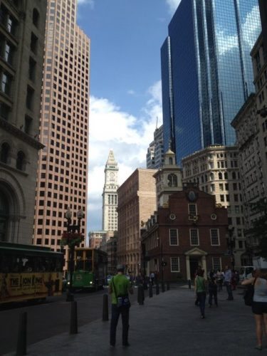 Taking A Walk Through Historic Boston 5 The oldest public building in Boston, the Old State House, is dwarfed by skyscrapers. Photos by Sarah Robertson.