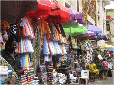 Shopping stalls in Lagos, Nigeria, one of the world's most crowded cities. 