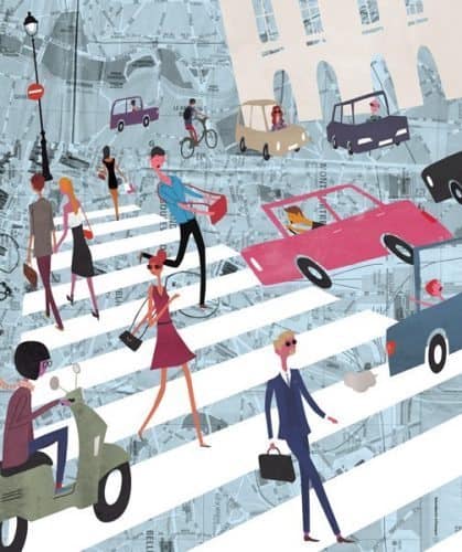 Crossing a busy Paris street. Illustrations by Nick Lu and Eric Giriate.