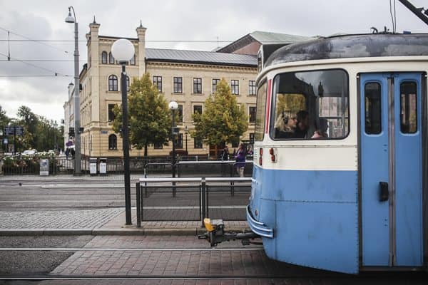 A tram pulls away from station. Gothenburg Sweden