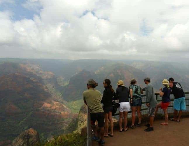 Titus Kinimaka Noelle Salmi Sarah Barton Suzie Black Kaimi Kinimaka Caitlin Pardo de Zela and Clay Wolcott take in the grandeur of Waimea Canyon. Photo by Ry Cowan