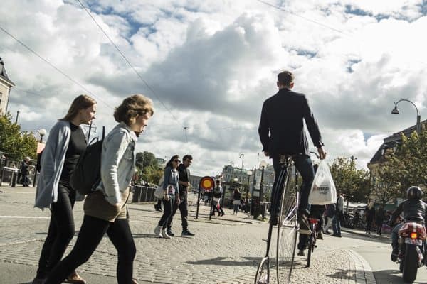 A cyclist near the city center. 