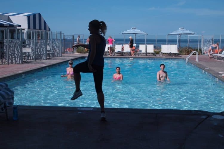 Falmouth, Cape Cod's Sea Crest Beach Hotel 5 Activities like Aqua Zumba and yoga keep guests happy and fit. Mary Gilman photo.