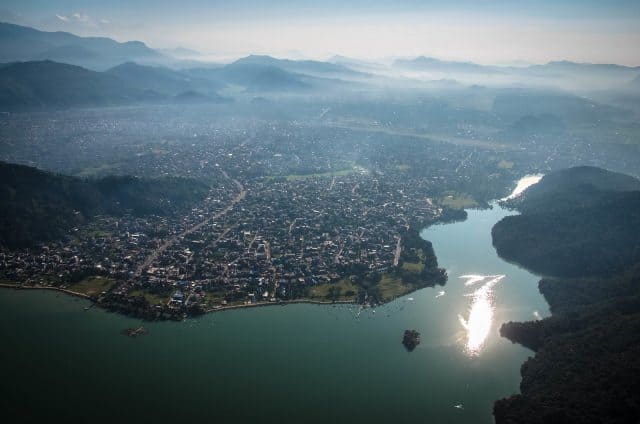 A waterway runs past Pokhara and drains into Phewa Lake.