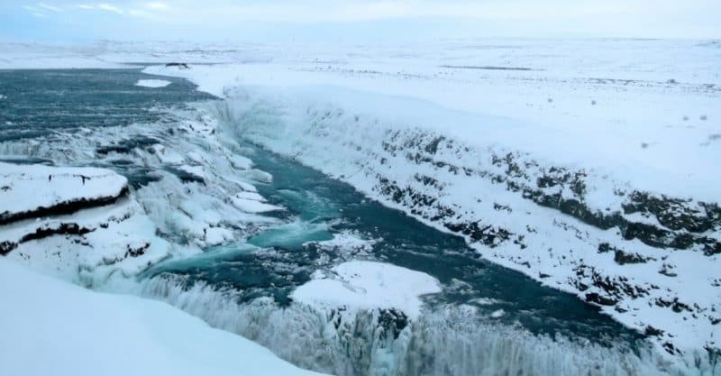 Gullfoss waterfall frozen in the winter.