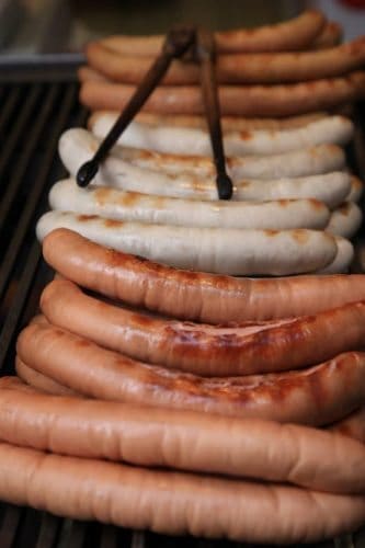 German sausages in a French/German town in the Alsace region along the Rhine River, in Strasbourg. 