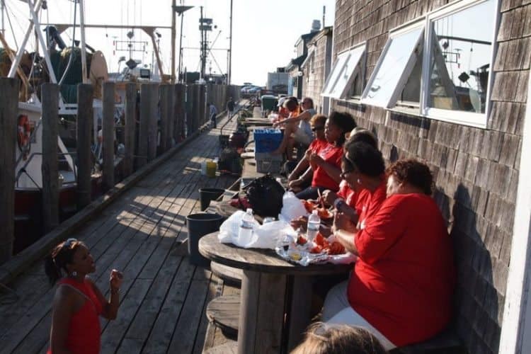 Enjoying a lobster feed at Dutcher dock, Menemsha harbor. 