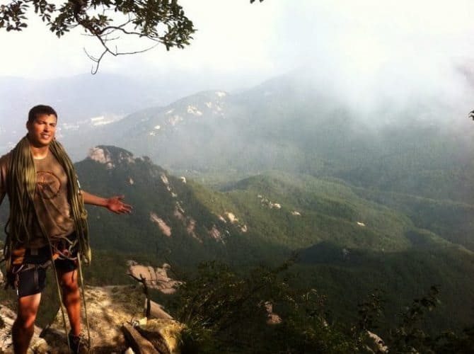 Resting on a ledge at the halfway point.