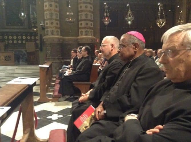 Bishop Bennett, S.J., accompanied by the prior, Fr. Ignasi Fossas (R), and Fr. Daniel (L).