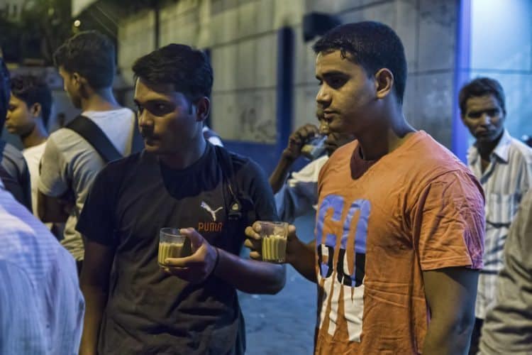 Customers at a busy chaiwallah outside one of Mumbai's main train stations.