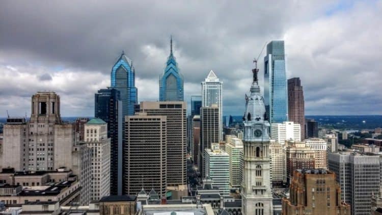 A unique city view of downtown Philly from inside Loews Hotel City Center, once said to be the tallest skyscraper in the world.