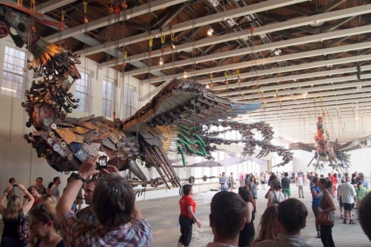 In one of Mass MoCA's large exhibit rooms, an art show from China graced the ceilings in 2013.