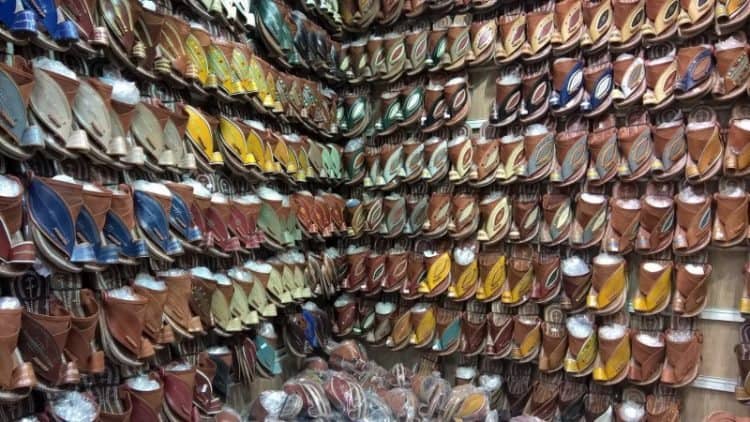 Handcrafted, leather camel footwear in Saudi Arabia.