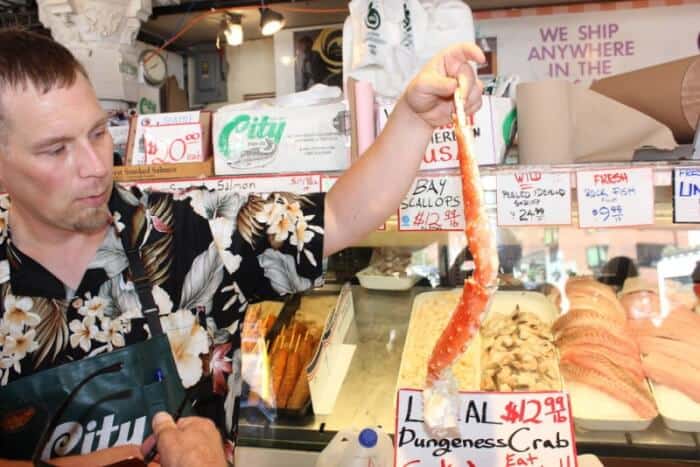 A Dungeness crab for sale at one of the Pike Place market's fish stalls.