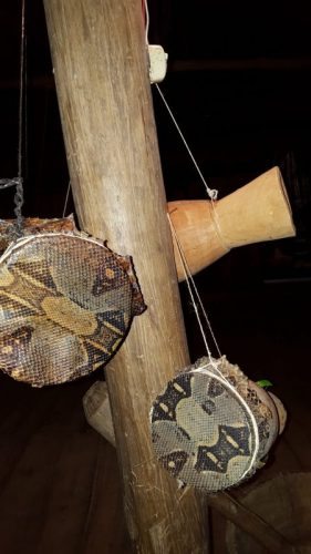 Sbok drums made from hollowed logs with boa constrictor skins. 