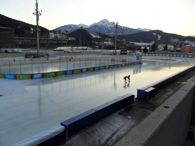 Speed skating practice at Innsbruck Austria's Eisschnellaufbahn.