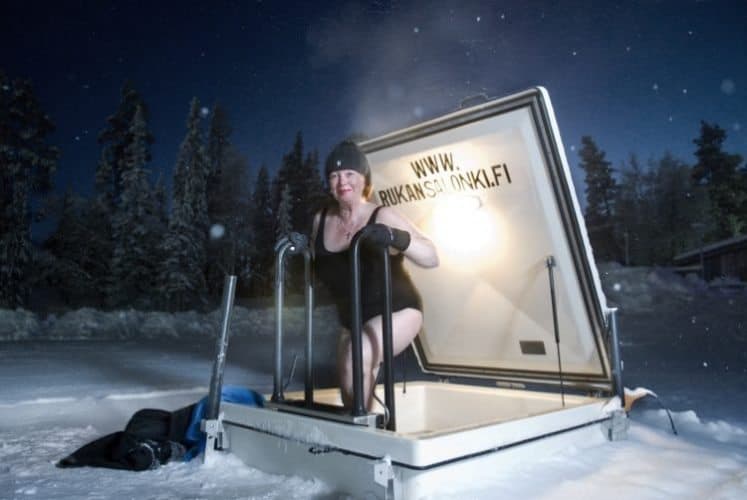 A visitor steps out from the Ice Sauna. All photos from Saunatour.