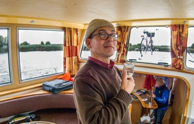 Barging is not for those in a hurry. Here, a pony is quickly gaining on the boat.  One to two knots per hour is top speed and a reminder that it’s the journey….