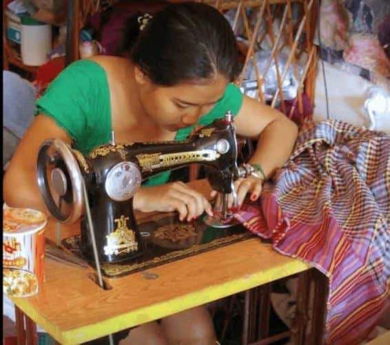 Making colorful pillows at Tiny Kampot Pillows.