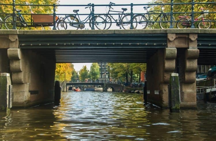 This is a typical Amsterdam canal view.