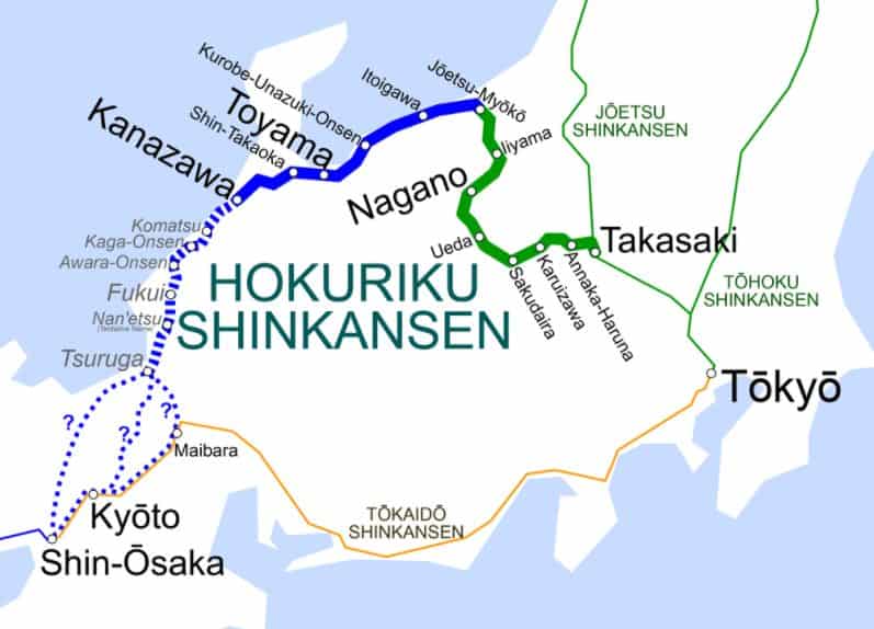 The new Hokuriku Shinkansen high speed train arcs north up into the Japanese Alps, including to Karuizawa, where John and Yoko used to visit.