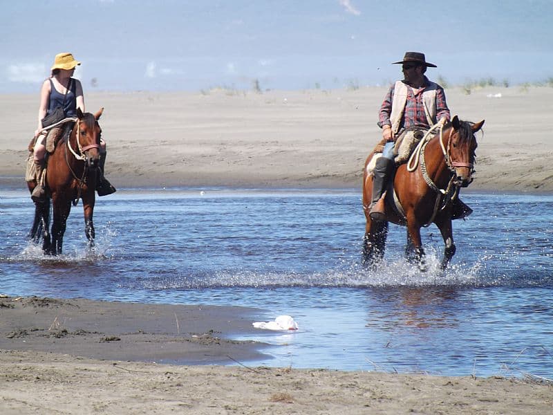 Pleasant scenes of horseback riders in Chiloe, Chile