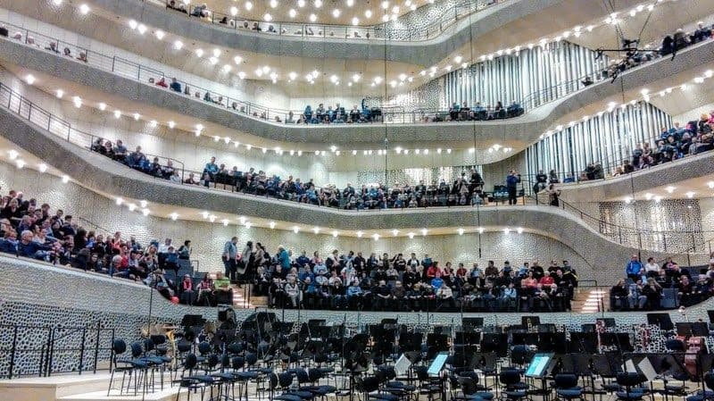 Inside the impressive symphony hall in Hamburg.