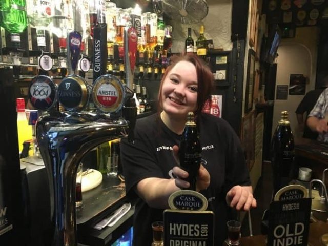 At the Grey Horse Inn, on Portland Street, you can enjoy cask ales by Hydes served by a friendly bartender named Jessica.