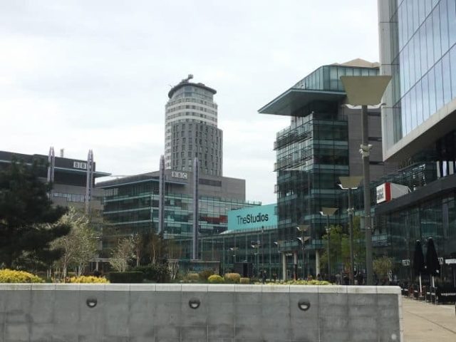 BBC has a huge complex of radio and television broadcasting studios and offices in Salford Quays, in Manchester.
