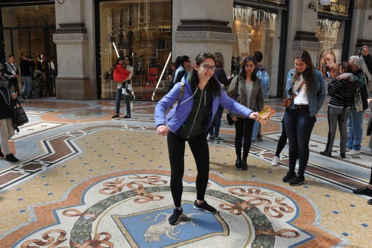 Spinning on the Turin bull in the Galleria, in Milan. 