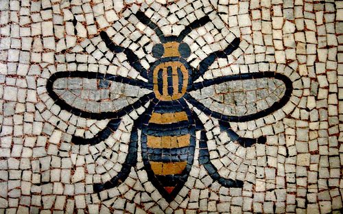Manchester's symbol, the busy bee, on the Town Hall. Gareth Hacking photo.