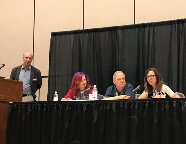 Tim Leffel, editor of Perceptive Travel, Bailey Freeman of Lonely Planet, Max Hartshorne of GoNOMAD and Tracy Minkin of Coastal Living Magazine at the TBEX Editor's presentation in May 2017. media kit