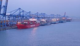 The cargo ship docked in Busan at 11 am and departed at 6 pm, just long enough to load and unload containers.