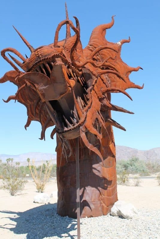 A serpent with a giant head awaits visitors to Anzo Borrego park.