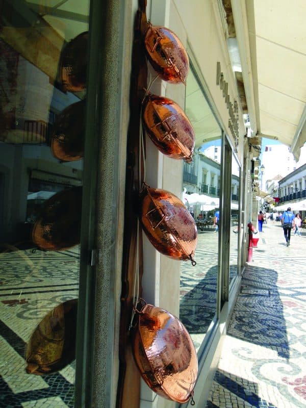 Hinged cooking utensils called cataplanas are for sale at this shop in the Algarve. Joan Peterson photos.