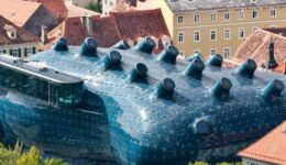 The Kunsthaus Graz, a crazy shaped building that's devoted to art in the city of Graz, Austria.