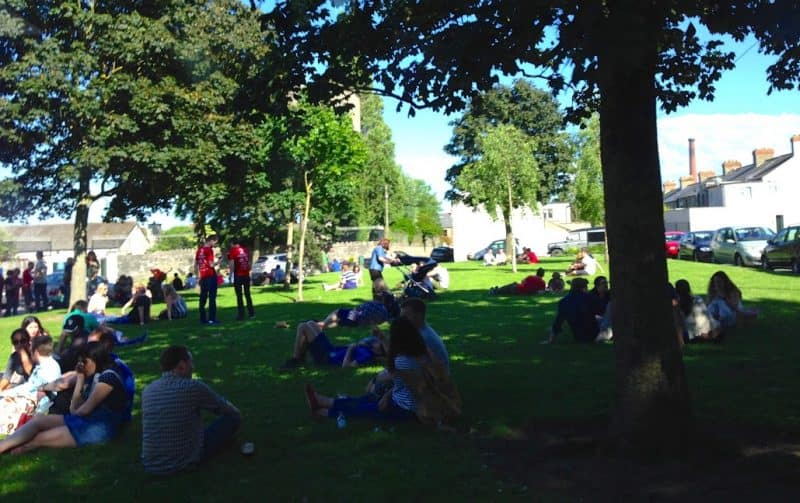 Enjoying the grass outside of the Gravediggers Pub.