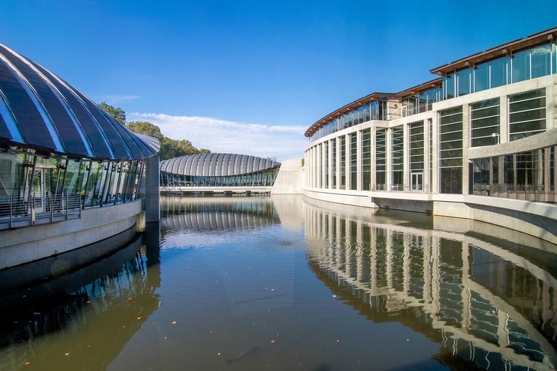 The art galleries and pavilions surround two ponds fed by Crystal Springs.