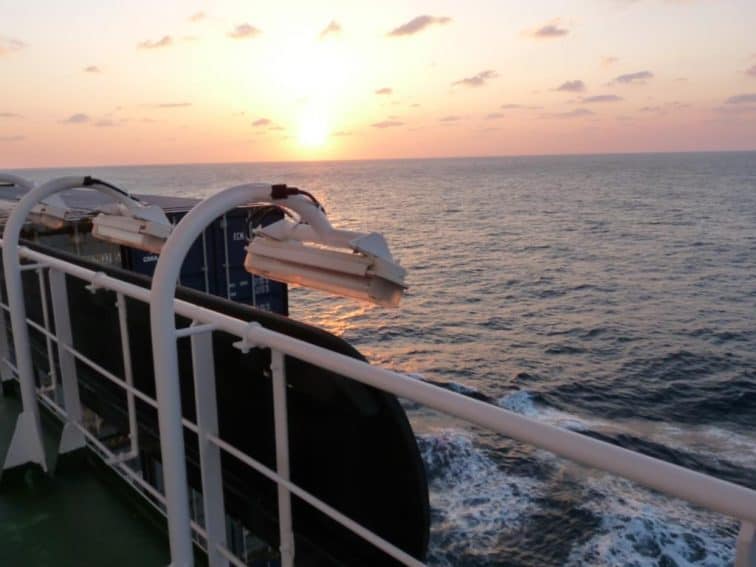 Sunrise on a container ship off the coast of Japan. Pete Martin photos. Icebergs coming soon.